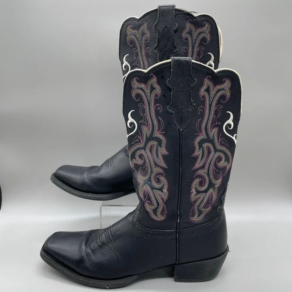 Justin Stampede Western Cowboy Boots Kids 3.5D Black Purple Heart Square Toe